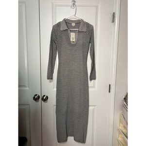 A New Day Womens Knit Striped Polo Midi Dress Black Cream Long Sleeve XS NWT
